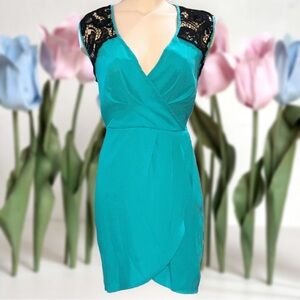 BAR III Womens Teal Black Crochet Lace Sleeveless Faux Wrap Tulip Dress Sz XS